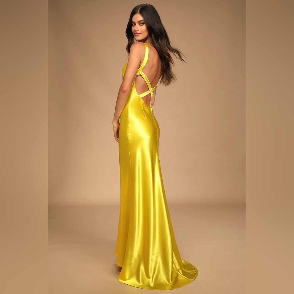 Perfectly Classy Yellow Satin Strappy Maxi Dress large